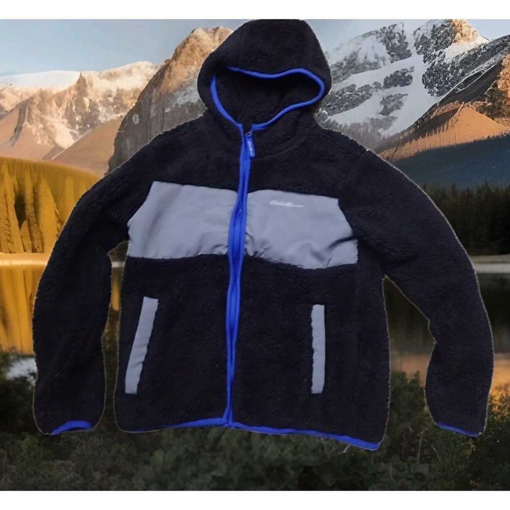 Eddie Bauer Sherpa Fleece Hoodie Kid M 10/12 Navy Blue Excellent Full Zip Jacket